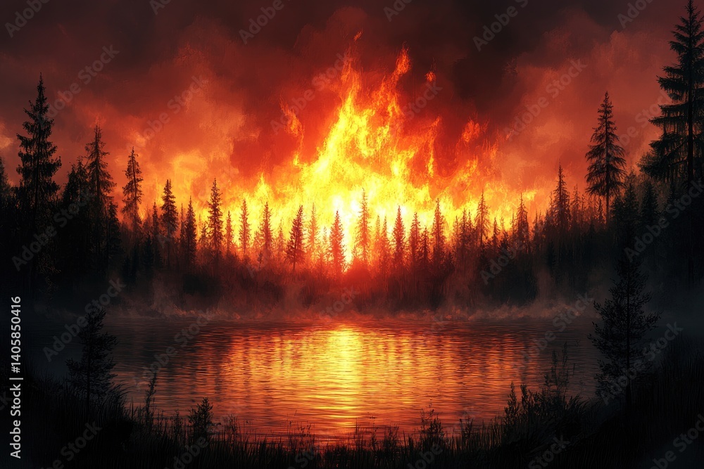 Forest ablaze reflects on water. Fiery skies blend with dark trees Forest ablaze reflects on water. Fiery skies blend with dark trees