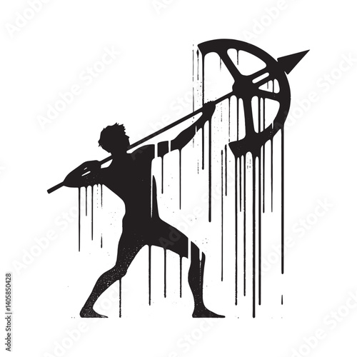 Abstract depiction of a spear thrower, stylized with dripping paint effect