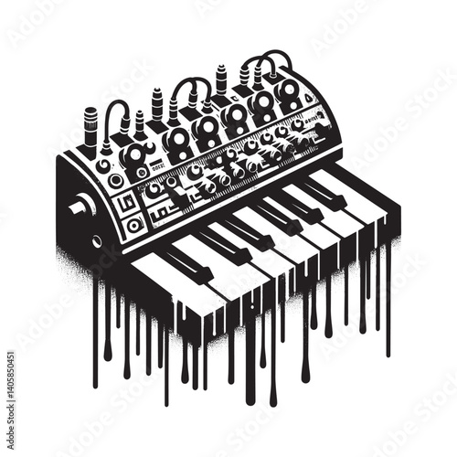 Abstract depiction of a synthesizer with dripping effects and minimalist design