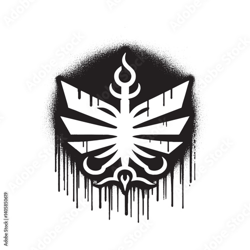 Abstract emblem with grunge aesthetic, dripping spray paint and cutout effect