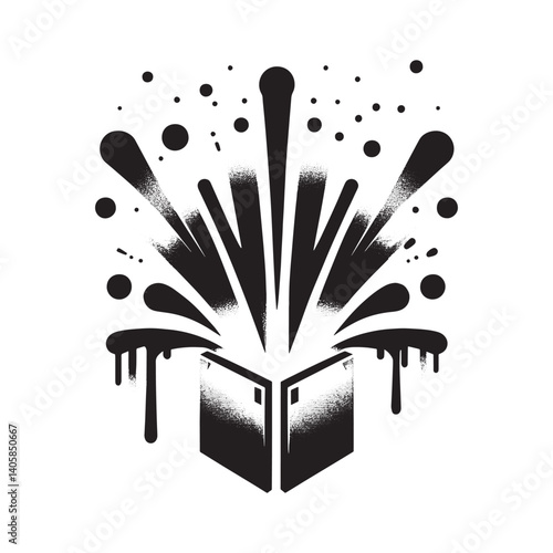 Abstract explosion emanating from a geometric box in monochrome vector design