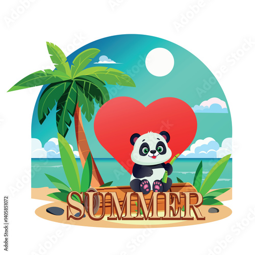 Cute panda with a bamboo stick sits on a tropical beach with a red heart and palm tree in the background. Bright summer vibes, blue sky, and ocean create a cheerful, relaxing scene.
