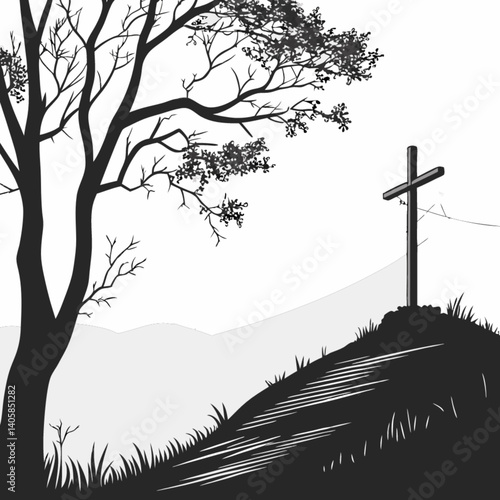 A tree stands against a simple backdrop, with a wooden cross on the earth below it. An evocative Good Friday illustration conveying hope and remembrance. Easter-related themes. A symbol of sacrifice.