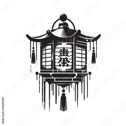Abstract Japanese Lantern Artwork with Spray Paint Grunge Texture