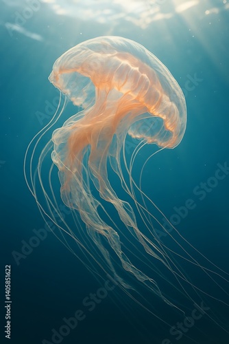 Orange glowing jellyfish swimming underwater in deep blue ocean scene