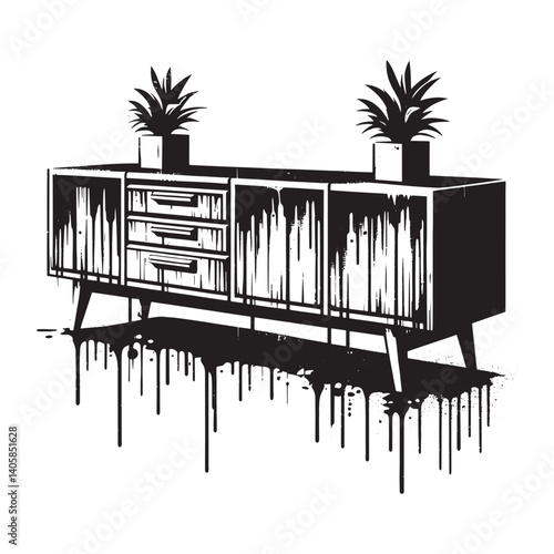 Abstract monochrome sideboard with dripping paint effect and potted plants design