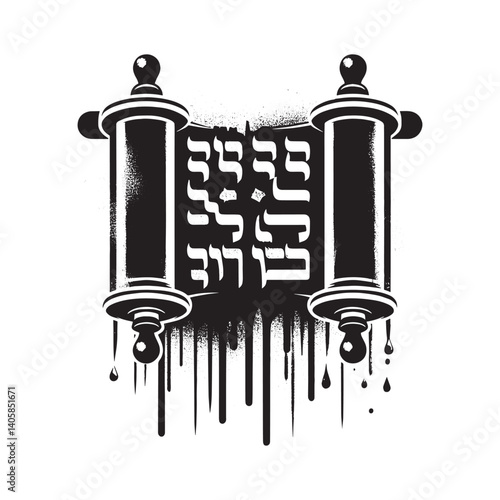 Abstract monochrome representation of a Torah scroll with spray paint effects