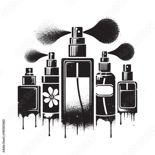 Abstract Monochrome Perfume Bottle Collection with Grunge Spray Effect