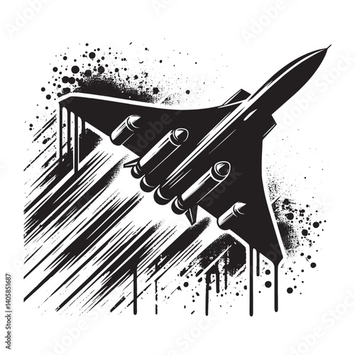 Abstract monochrome representation of a fighter jet with spray drips style