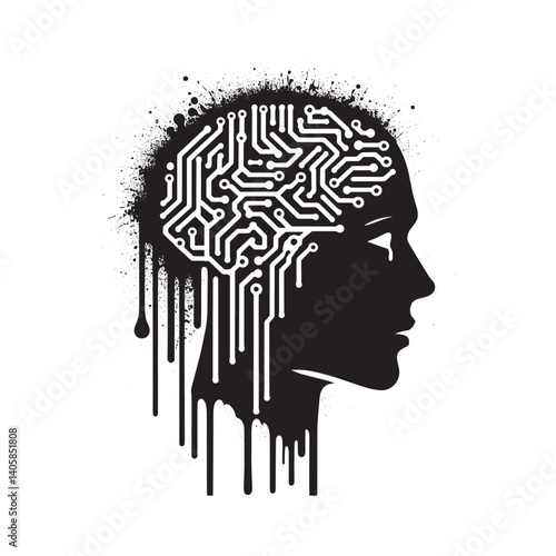 Abstract representation of human intellect, tech head with digital pathways