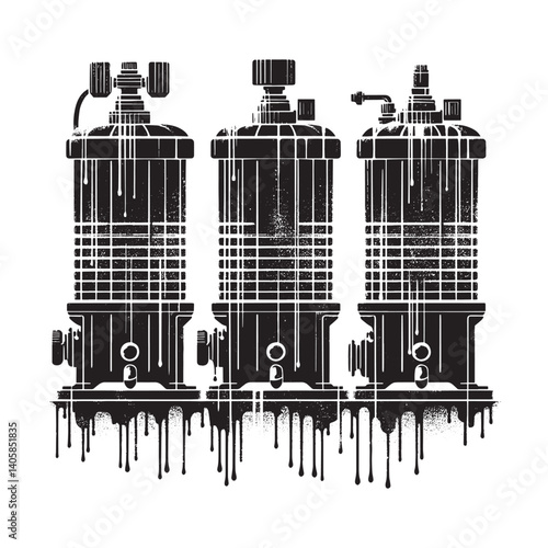 Abstract representation of industrial filtration units in grunge stencil style