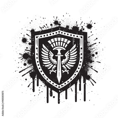 Abstract shield symbol with dripping spray paint effect in a stencil style