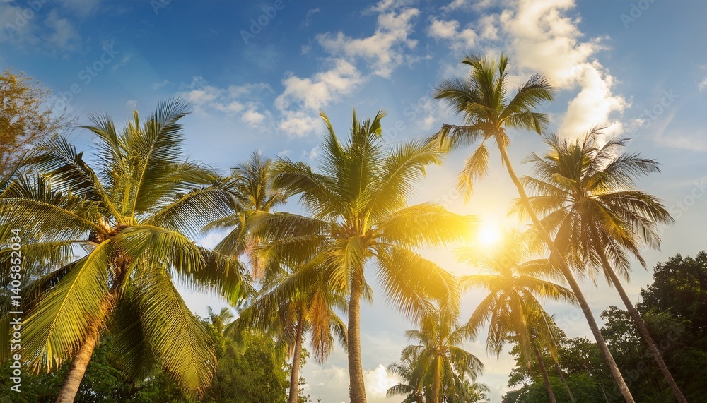Panorama of tropical palm tree with sun light on sky background Panorama of tropical palm tree with sun light on sky background