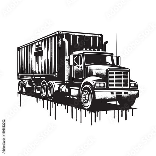 Abstract stylized monochrome illustration of a semi-truck with grunge effects