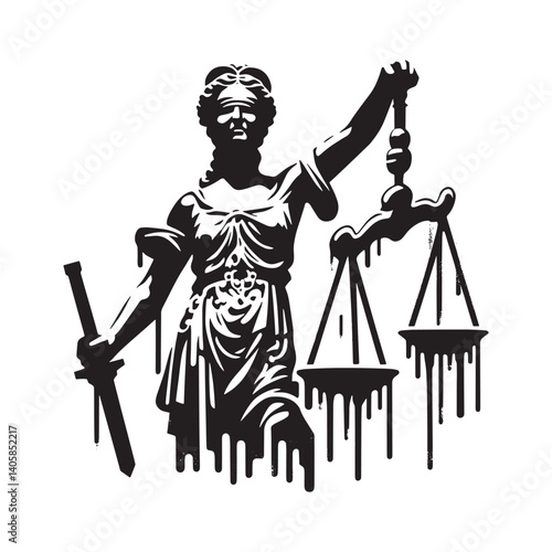 Abstract stencil rendering of lady justice with dripping spray paint effect
