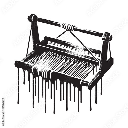 Abstract stylized weaving loom illustration in black and white with drips