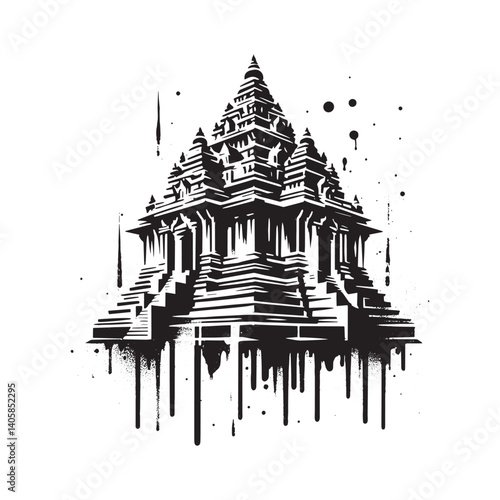 Abstract Temple Illustration in Black and White with a Grunge Texture Look