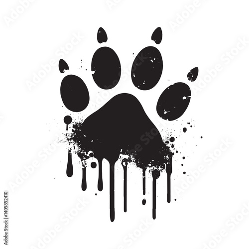 Abstract vector of an isolated, dripping pet paw print with stencil elements