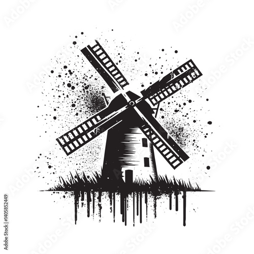 Abstract Windmill Illustration with Stencil and Grunge Effect in Black