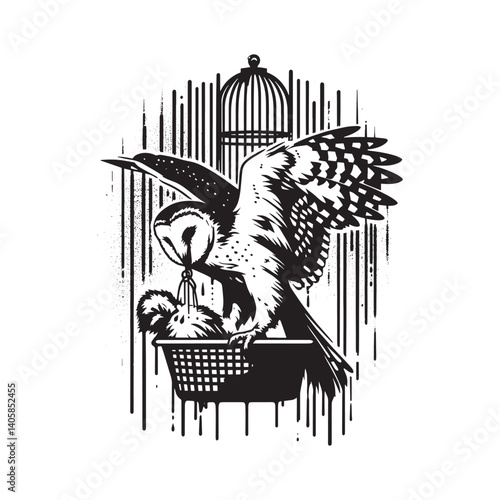Abstract Wildlife Rehabilitation Stencil Art with Barn Owl and Birdcage