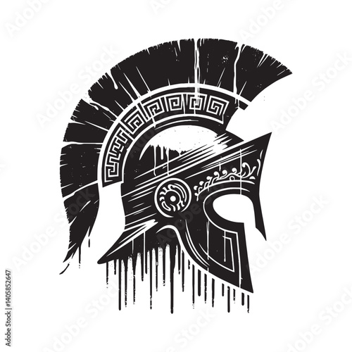 Ancient Greek Corinthian helmet in grungy stencil art style isolated on white