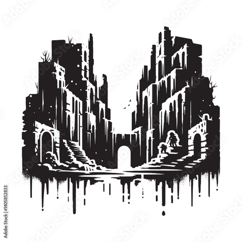 Black and white grunge depiction of ancient subterranean ruins artwork
