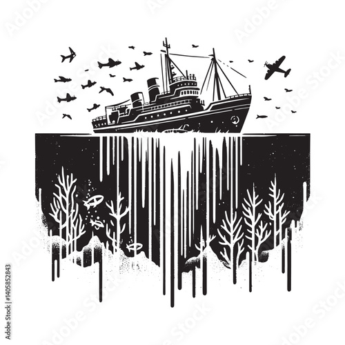 Black and White Graphic Illustration of Sunken Ship with Airplanes and Marine Life
