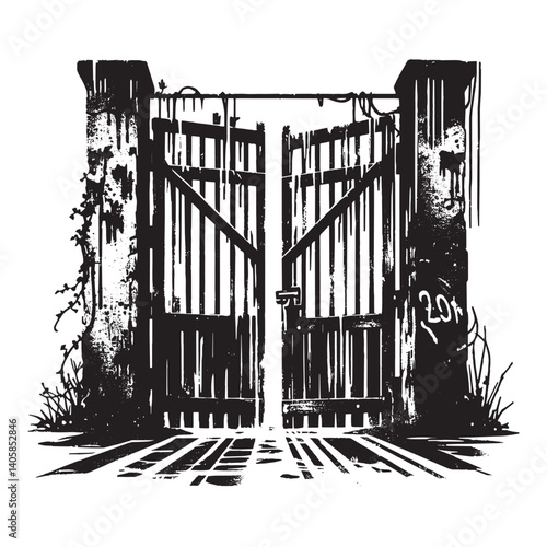 Black and white grunge illustration of decaying gates with drippings and plants