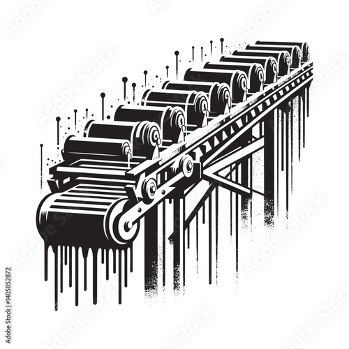 Black and white illustration of an industrial conveyor system design