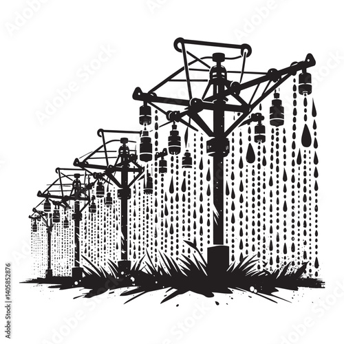 Black and white illustration of stylized irrigation system vector art