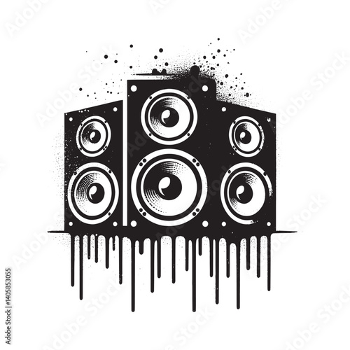 Bold black and white audio speakers illustration with spray paint effect