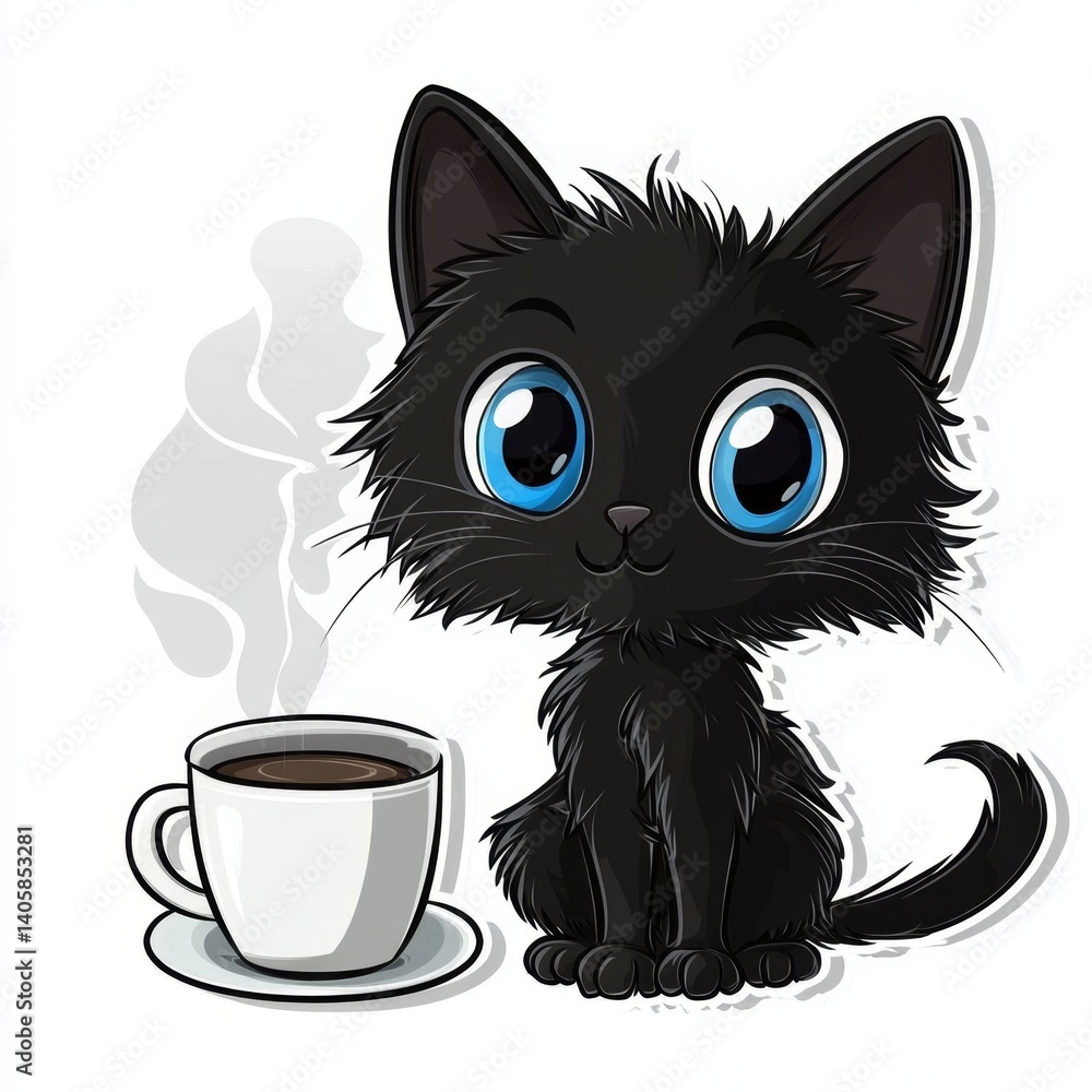 A black cat sitting next to a cup of coffee A black cat sitting next to a cup of coffee