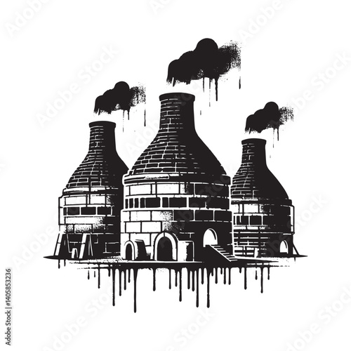 Charcoal kilns in stencil style, flat, dripping spray, grunge, minimalist, vector, bw, cutout, isolated white1351