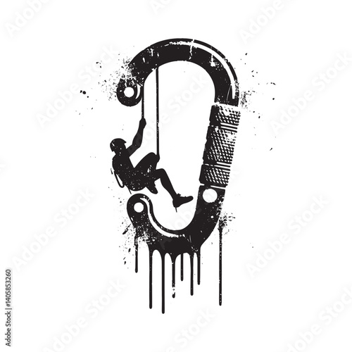 Climbing carabiner with alpinist silhouette in artistic grunge vector style