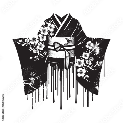 Contemporary kimono illustration with stencil style floral design and grunge