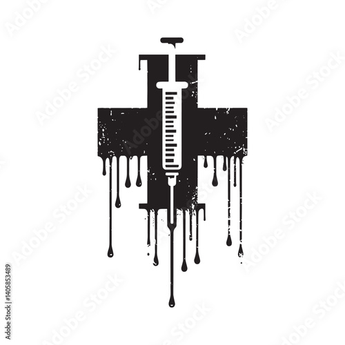 Distressed Medical Cross with Injection Illustration in Black and White