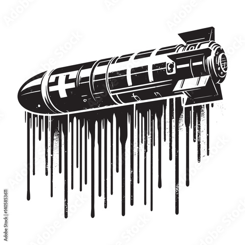 Distressed Torpedo Vector Illustration with Dripping Ink Effect isolated on White