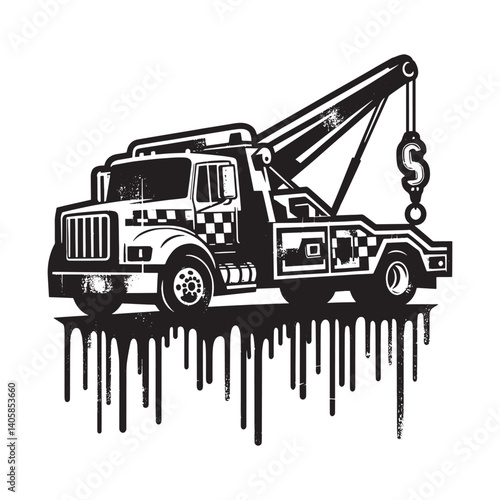 Distressed Tow Truck Illustration with Stencil and Drip Effect Graphics