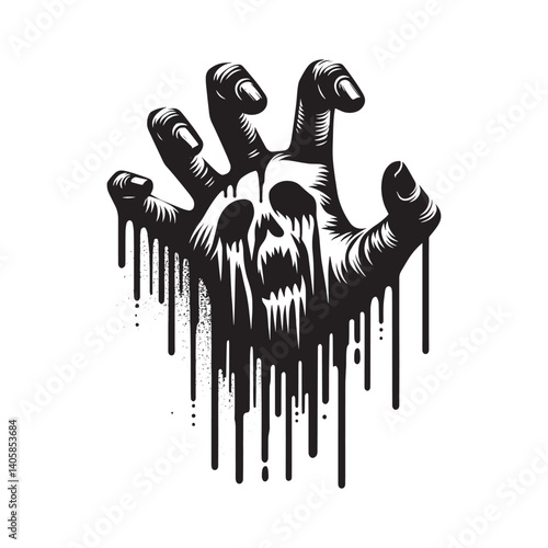 Disturbing Hand with Skull Feature Black and White Horror Illustration