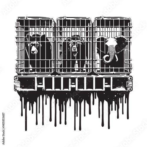 Distressed wildlife transport container with bear and elephant silhouettes