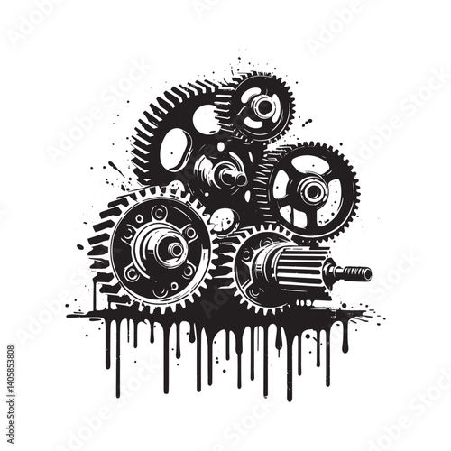 Dynamic Gear Assemblage in Grungy Stencil Style Isolated on White Canvas