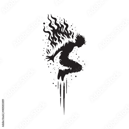 Dynamic fiery leap stencil art in black and white isolated on white