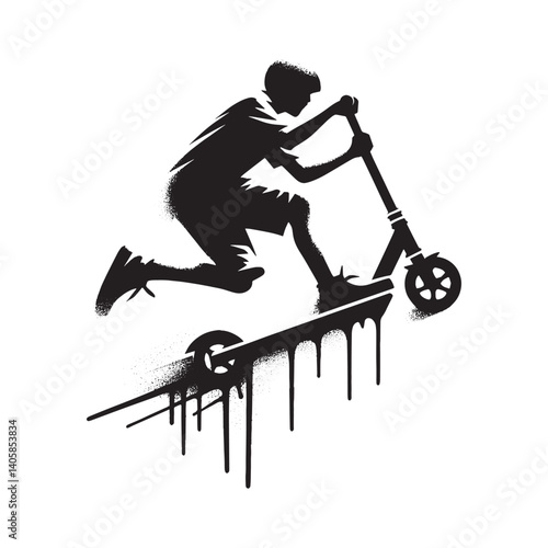 Dynamic monochrome illustration of a kick scooter rider in action artwork