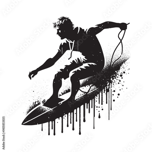 Dynamic monochrome stencil art depicting surfer riding a wave creatively
