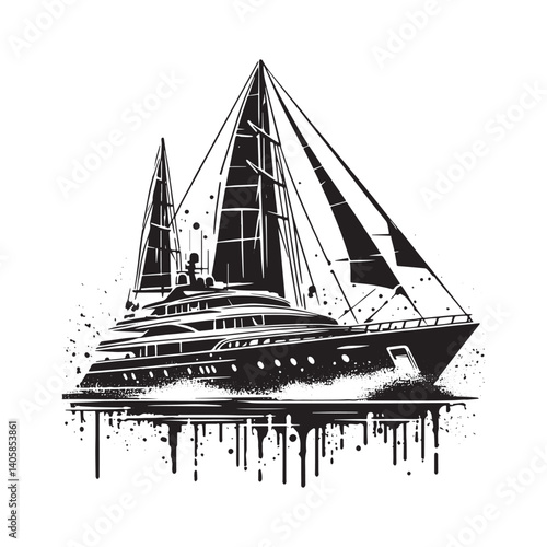Elegant black and white yacht illustration in grungy stencil style design