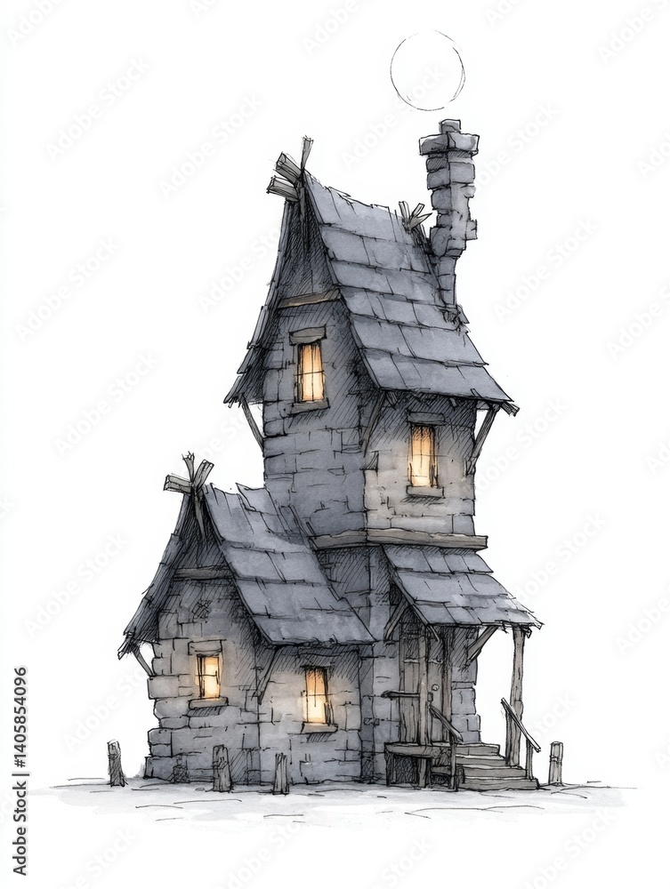 A drawing of a small house with a chimney and a moon in the sky A drawing of a small house with a chimney and a moon in the sky