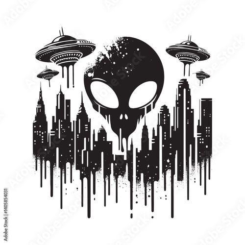 Extraterrestrial invasion of urban sprawl, minimalist design artwork on isolated white