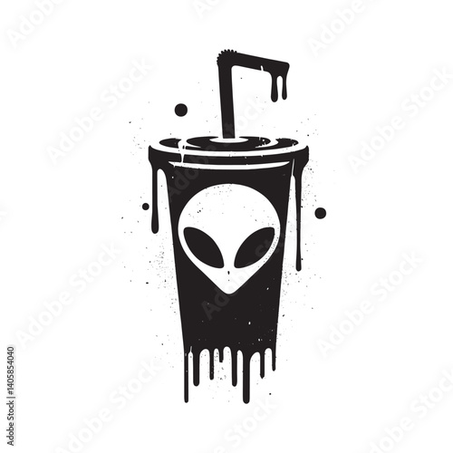 Extraterrestrial beverage cup design featuring grunge and spray paint aesthetic