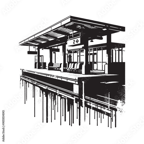 Expressive monochrome depiction of an elevated train station platform