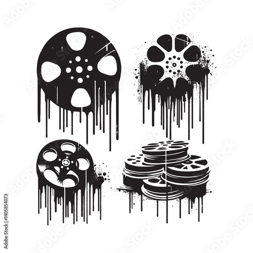 Film reels in stencil style with dripping paint effect, grunge, minimalist and vector illustration